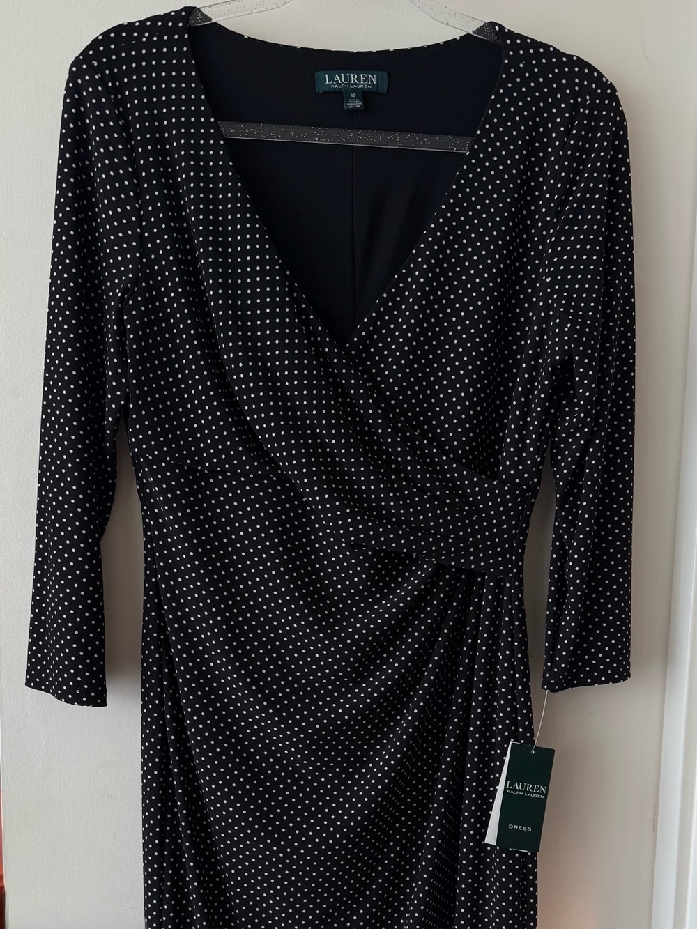 Ralph Lauren Black Polka Dot Wrap-Style Long Sleeve Dress